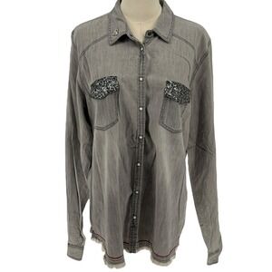 Maurices Premium Gray Embellished Button Down‎ Shirt 100% Cotton (Size XL)